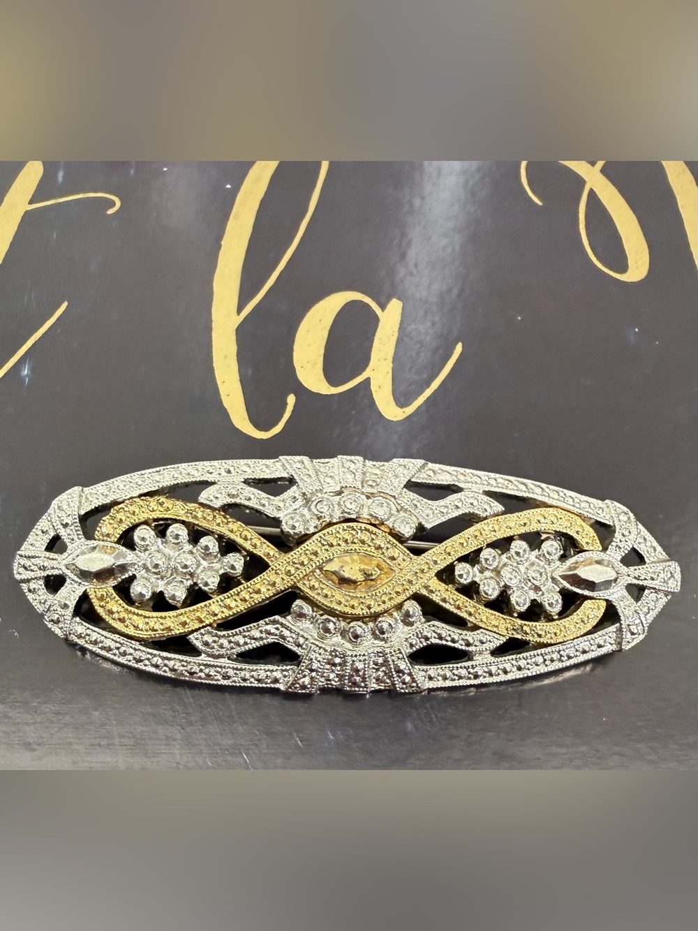 1928 Brand Brooch Art Deco Revival Two-Tone Filigree Bar Vintage